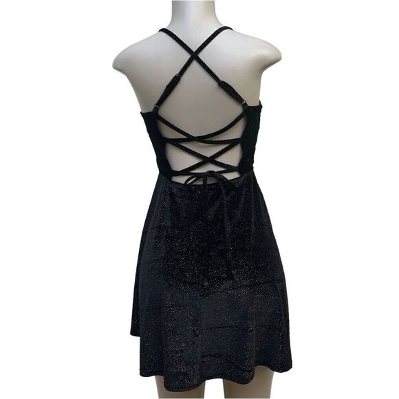 Love Squared Fit & Flare Cocktail Dress Womens Medium Black Strappy Back Sparkly - Picture 9 of 16